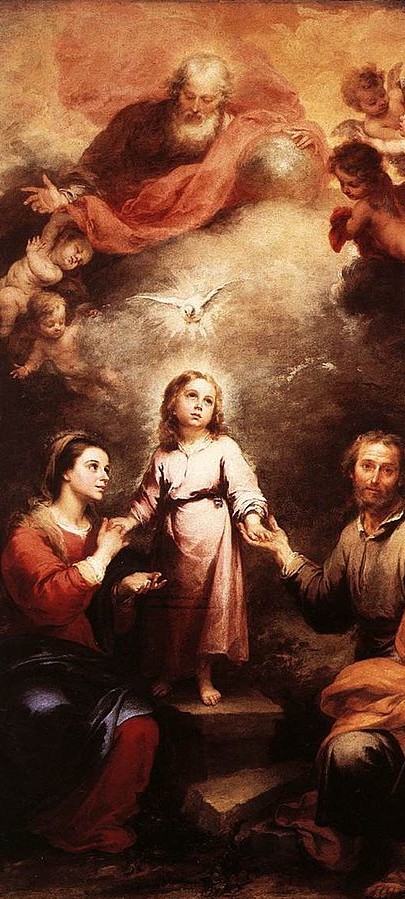 The Holy Spirit depicted as a dove descending on the Holy Family, with God the Father and angels shown atop, by Murillo, c. 1677. (source:wikipedia)